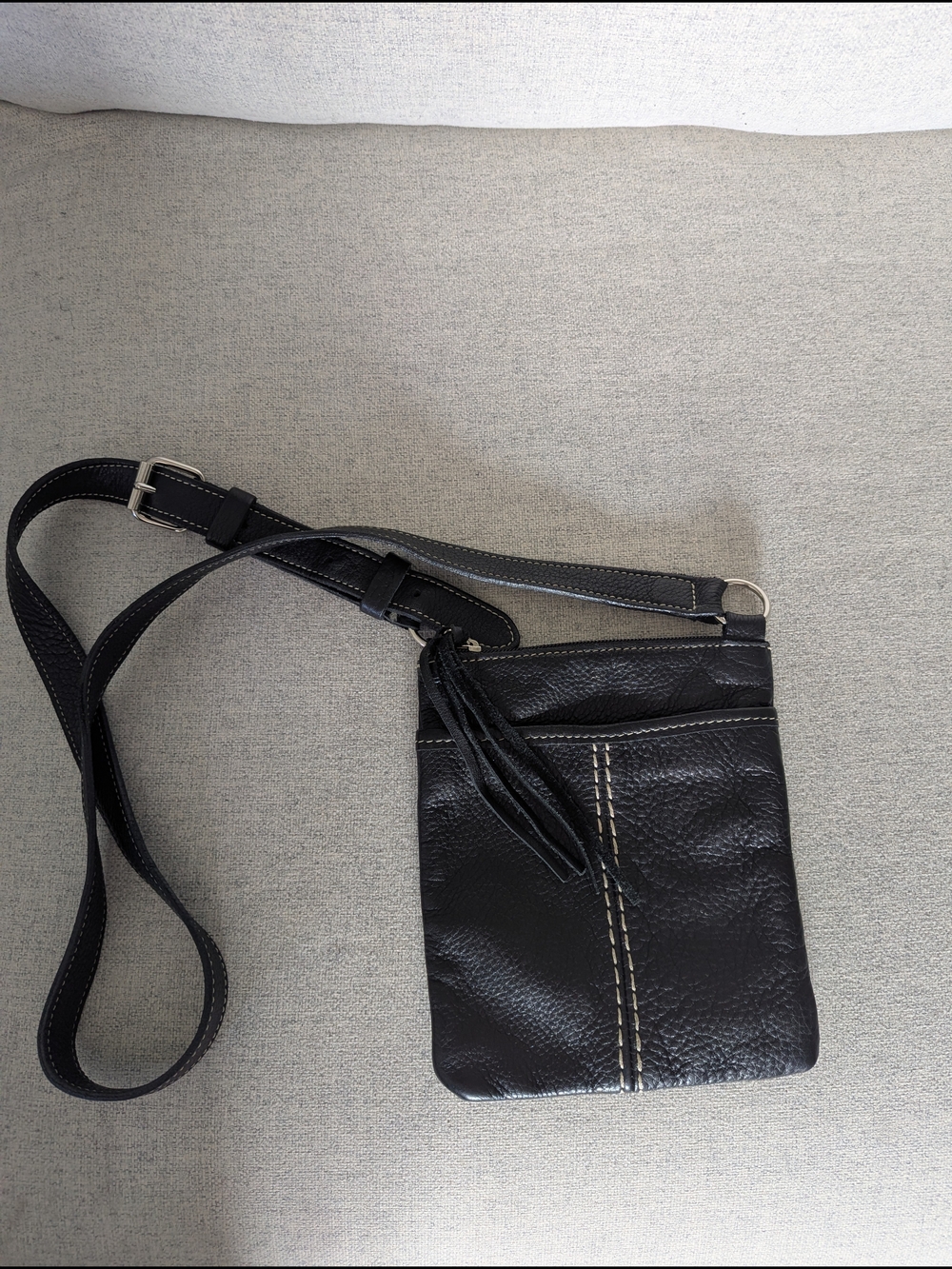 Roots Black Leather Crossbody Phone Bag with Contrast Stitching